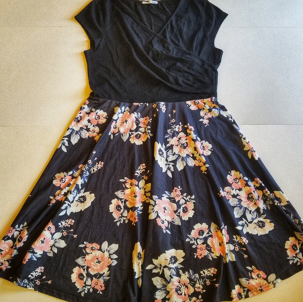 Black and floral short sleeve dress
